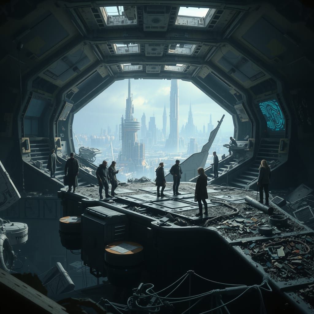 Abandoned Sci-Fi Space Station with Futuristic City