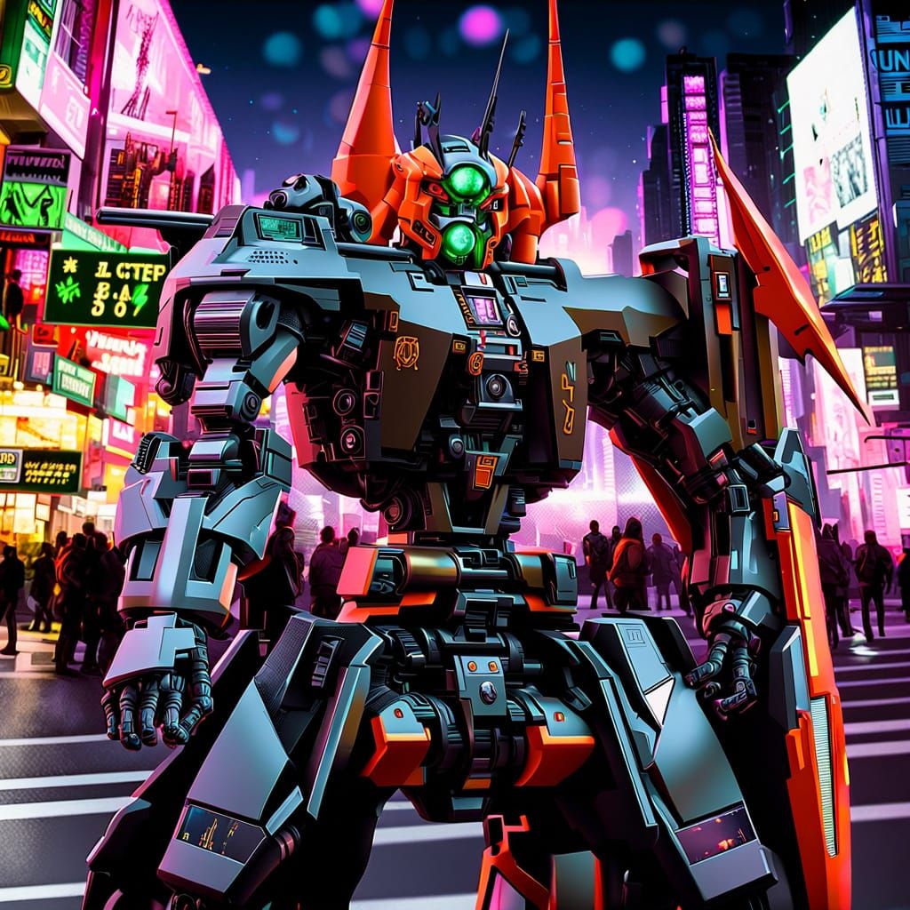 Anime-Style Demon Hunter Mecha in Cityscape