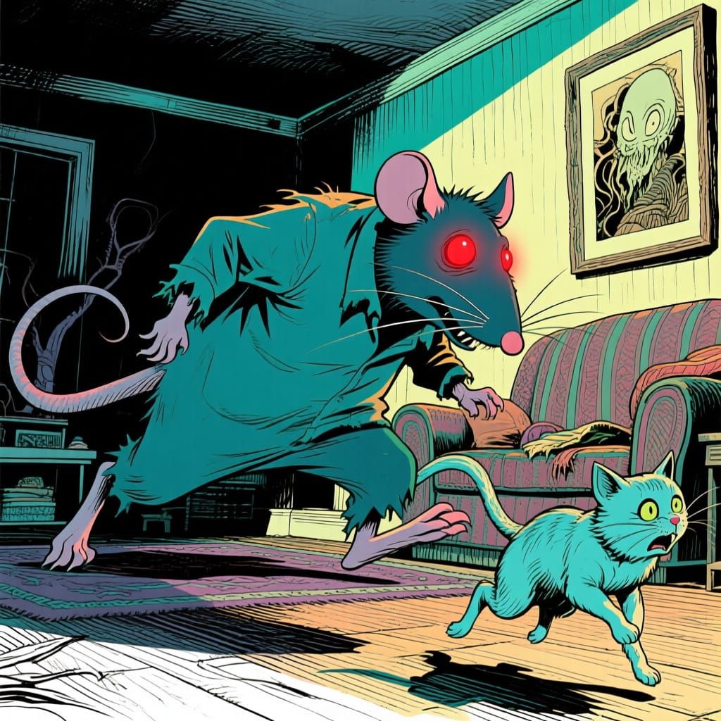 Giant Mouse Chases Cat in 1970s Horror Pulp Style