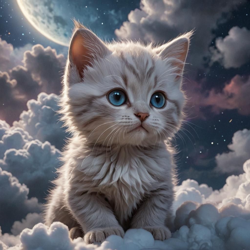 Kitten Peekaboo in Night Sky: 3D Video Game Art