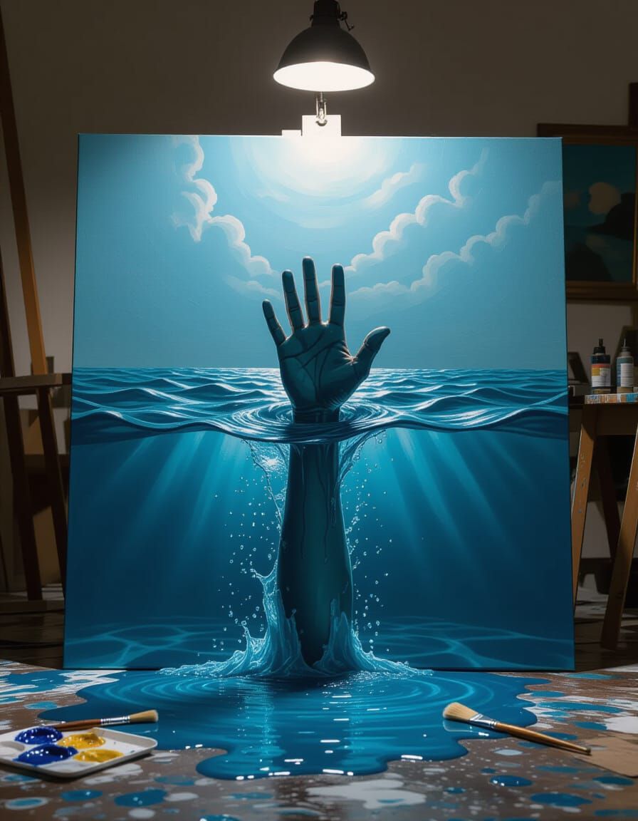 Desperate Hand Emerges from Ocean Painting, Photorealistic S...