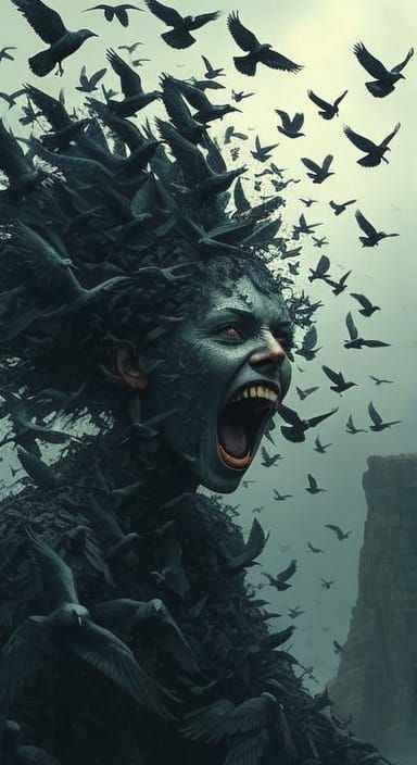 Surreal Bird Woman Dissolving in Oil Painting