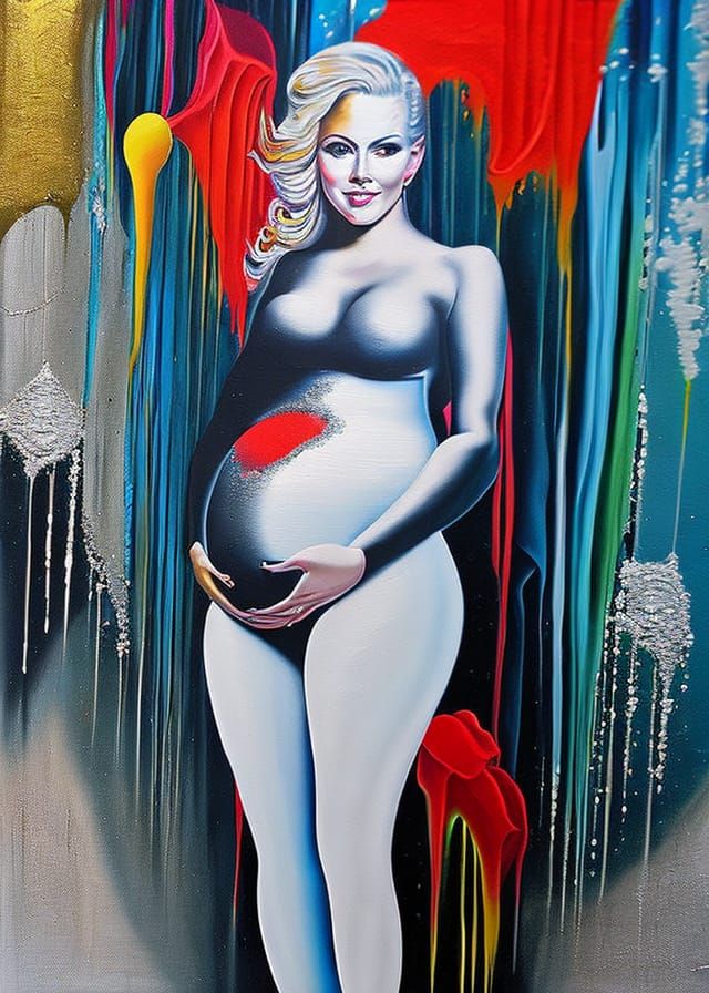 Pregnant Blonde in Silver Catsuit Graffiti Art