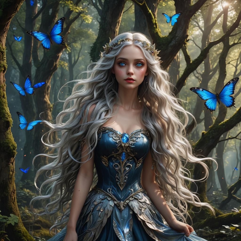 Fairy with Silver Hair in Enchanted Forest