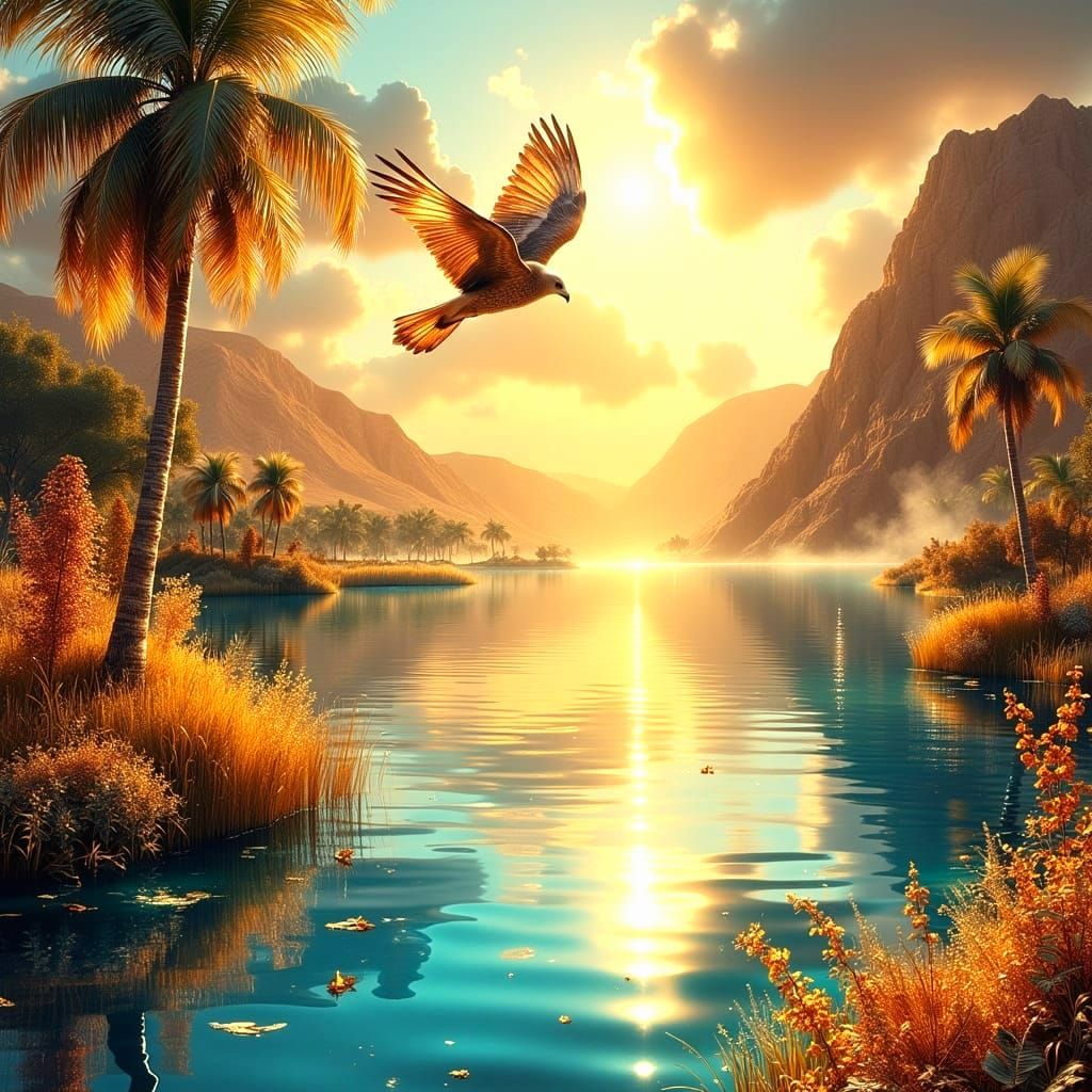 Golden Hour Oasis with Majestic Hawk