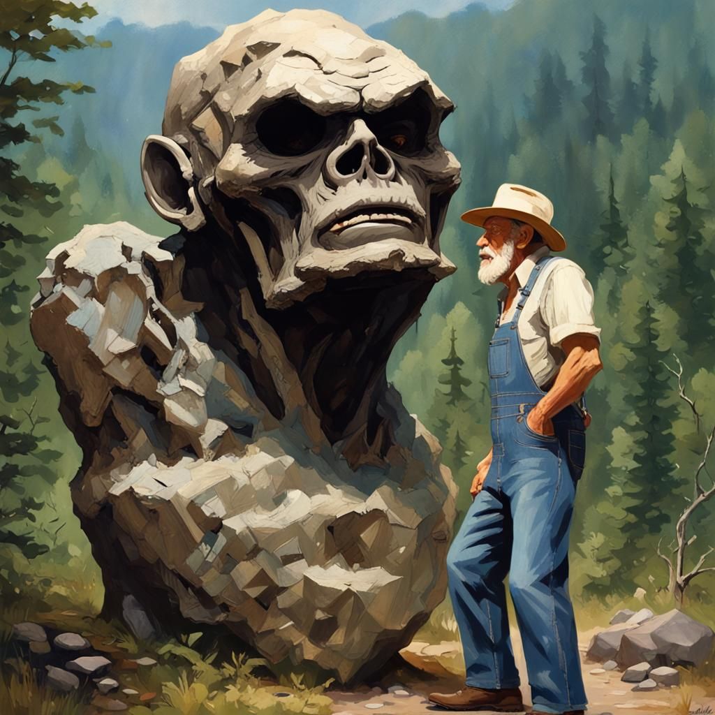 Appalachian Man Confides in Stone Head, Photorealistic