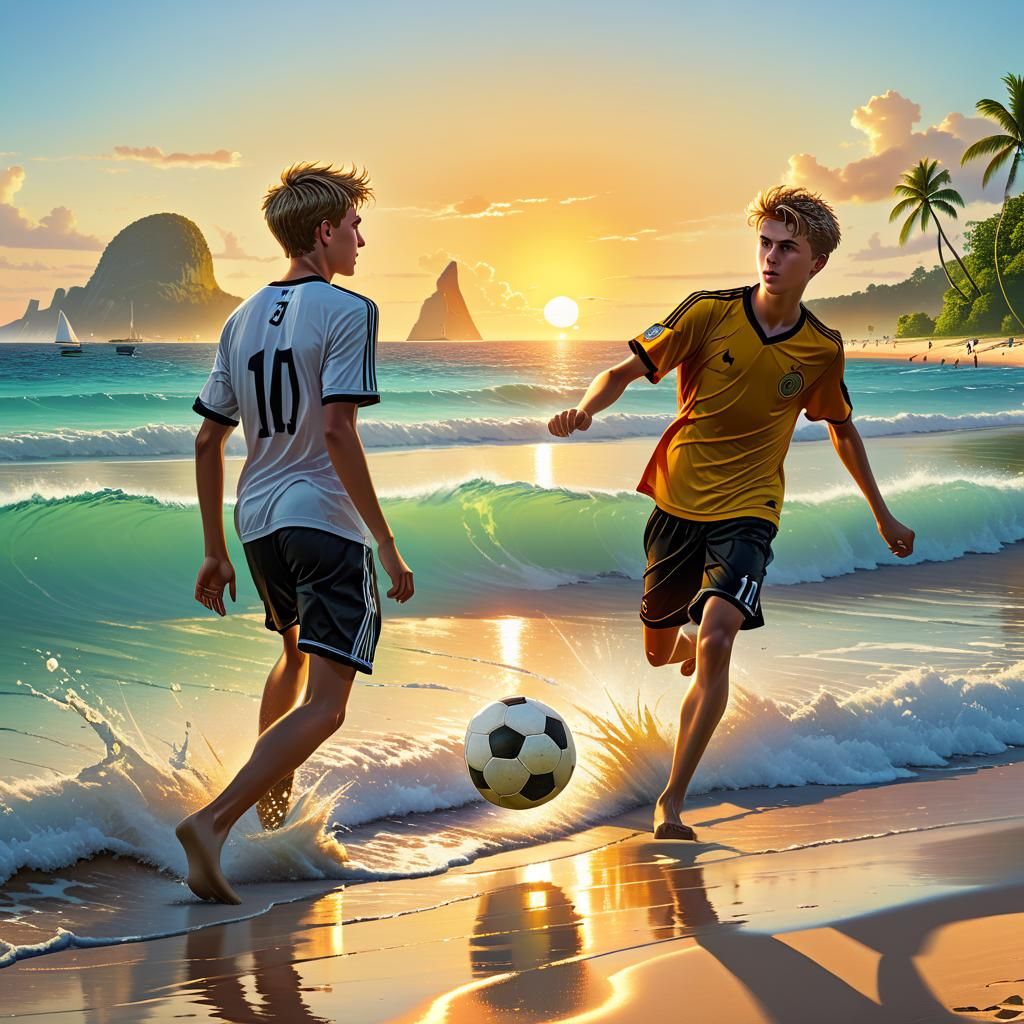 Friends playing soccer at the beach