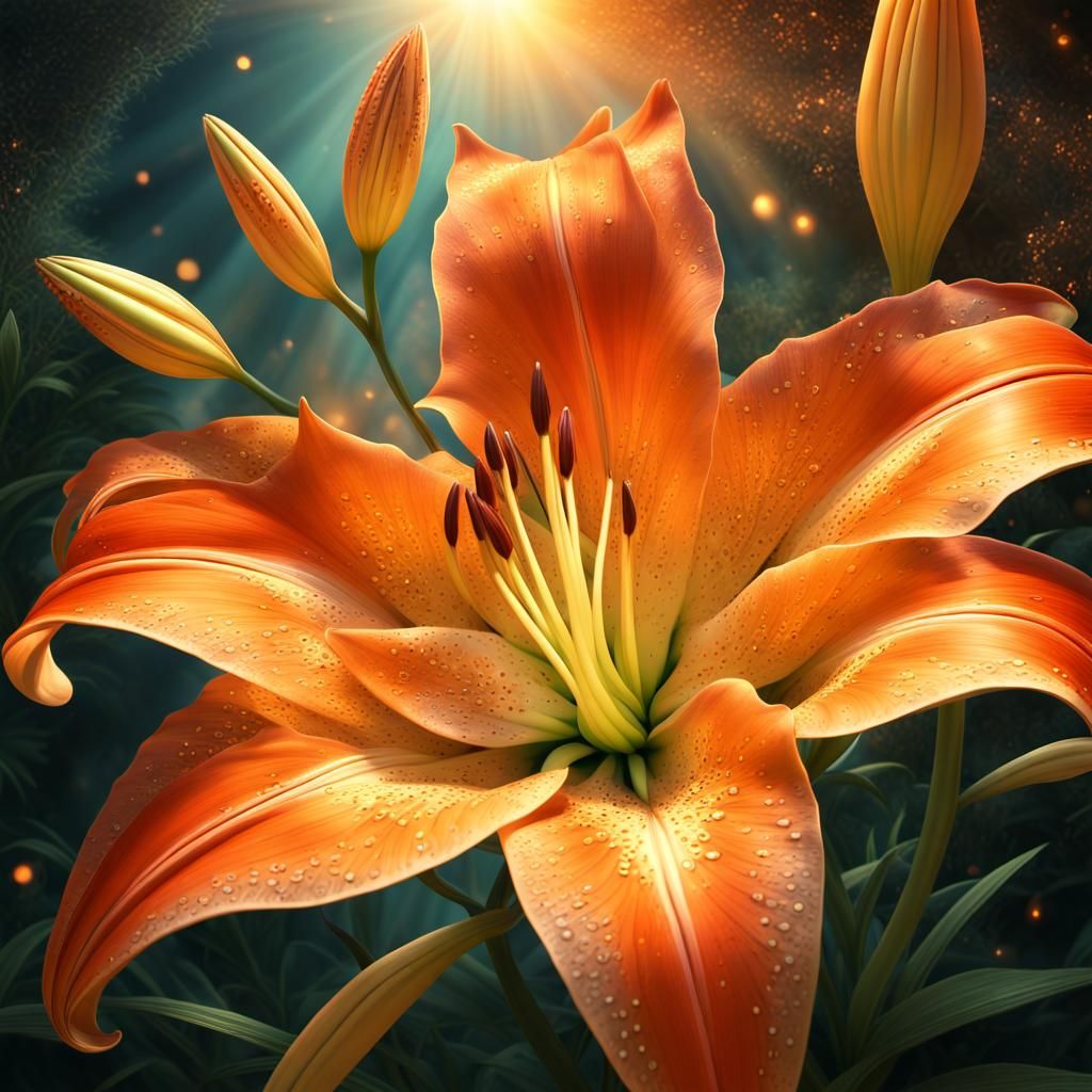Sunset Lily with Fractal Effects: A Fantasy Illustration
