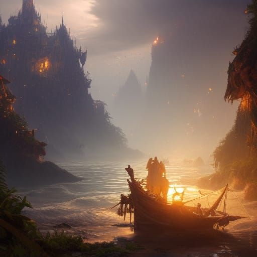 Detailed Pirate Cove on a Beach, Dark Fantasy Art