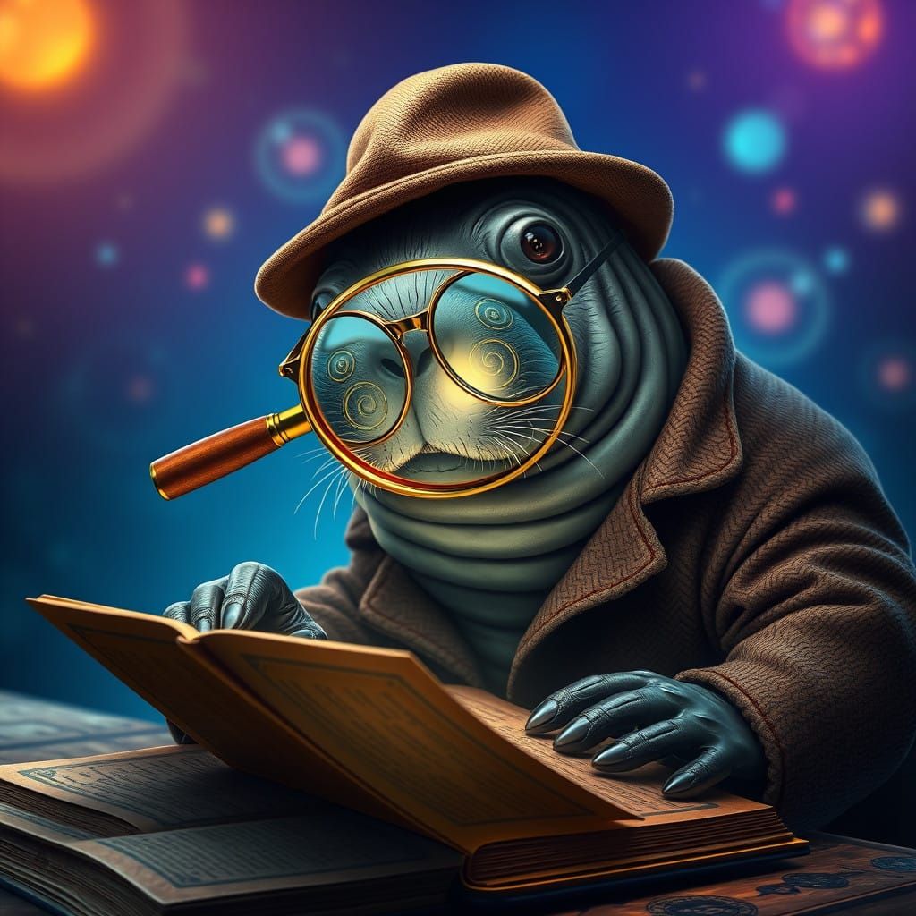 Mystical Manatee Detective Examines Ancient Tome