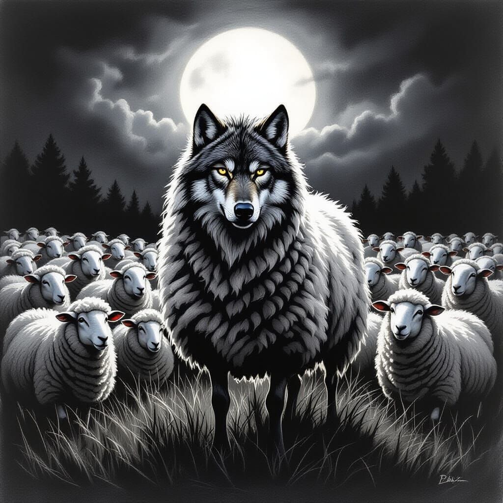 Cunning Wolf Disguised as Sheep in Moonlit Meadow
