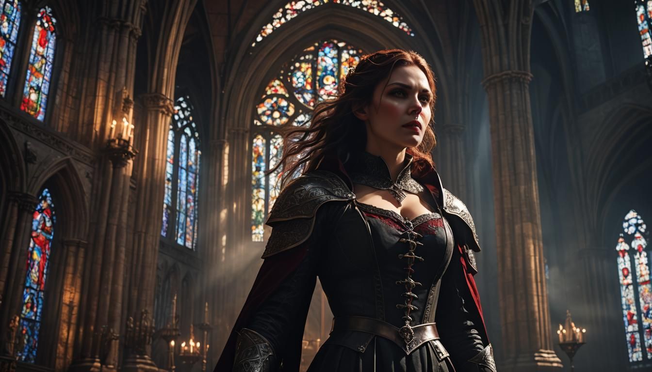 Female Vampire Slayer in Gothic Cathedral: Hyperrealistic Fa...