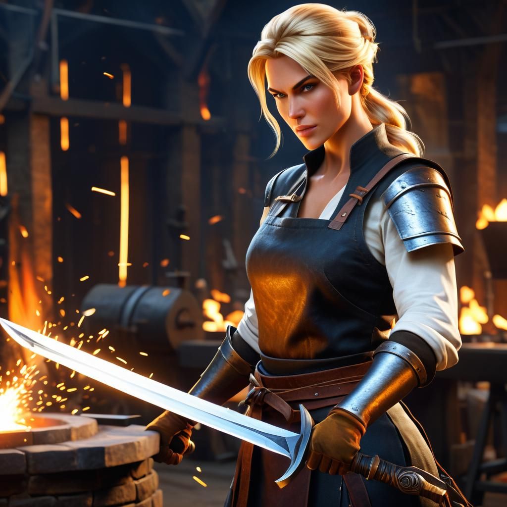 Young Woman Blacksmith Forging Epic Sword
