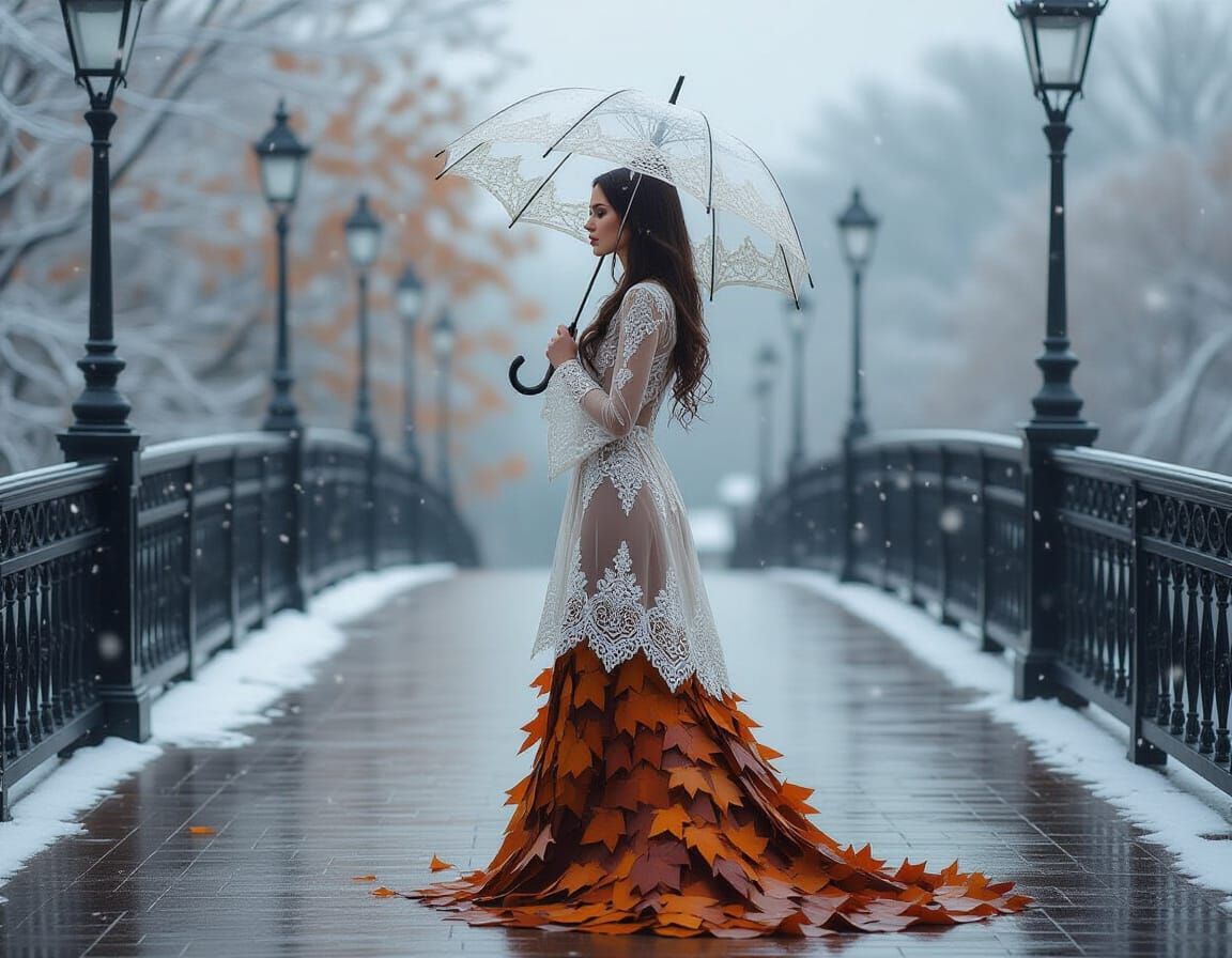 Frozen Woman Silhouette in Autumn Rain and Snow