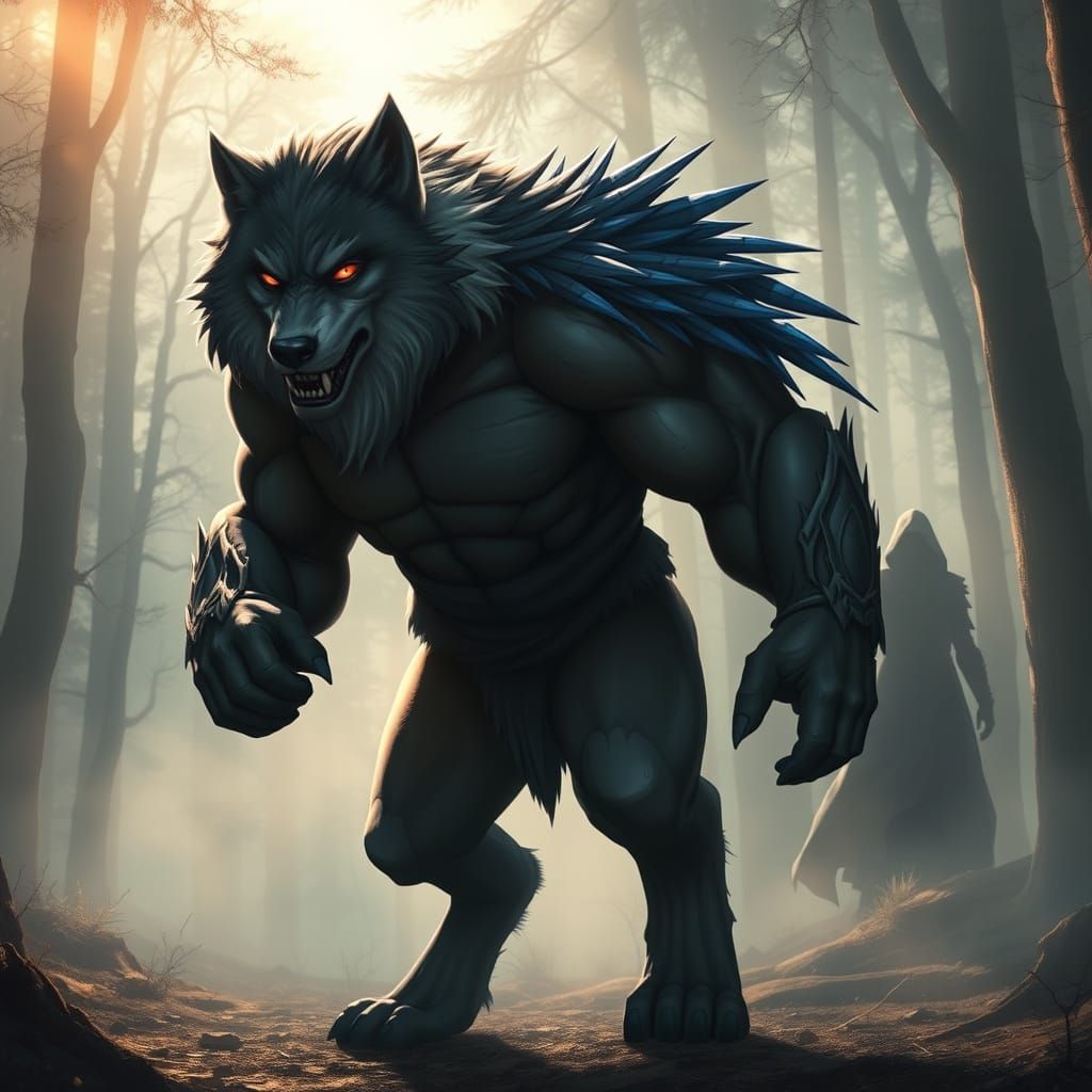 Powerful Anthropomorphic Wolf in Misty Forest