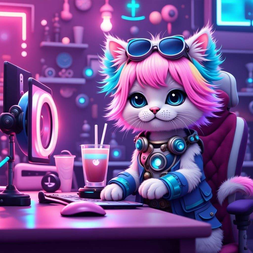 Gen Z Cat Recording Video in Futuristic Style