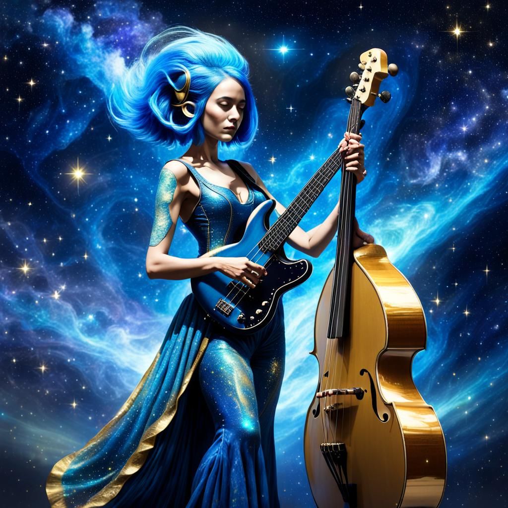 Alien Woman with Blue Hair Playing Bass