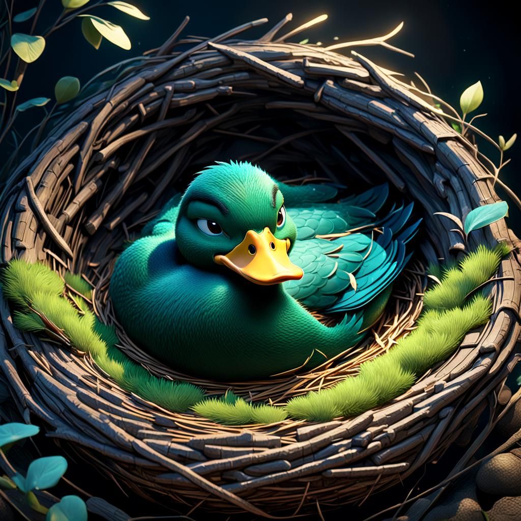 Sleeping Duck in Nest: Pixar-Style 3D Render