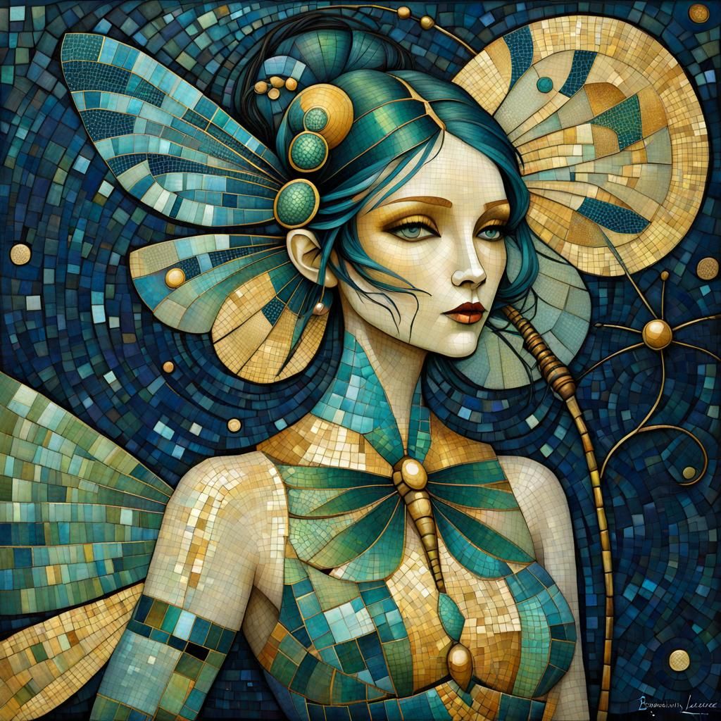 Geometric Mosaic of Dragonfly Girl with Antennae