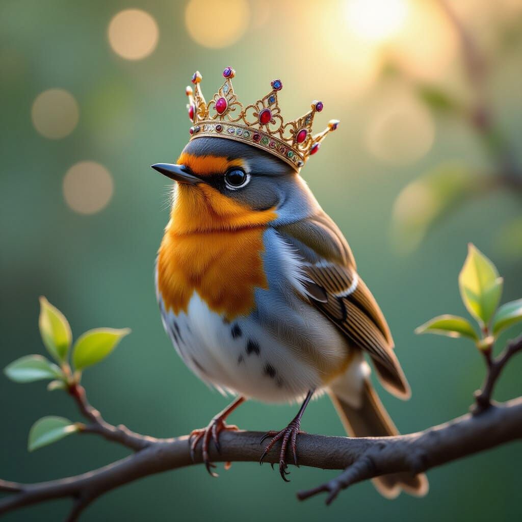 Robin with Crown in Whimsical Digital Art