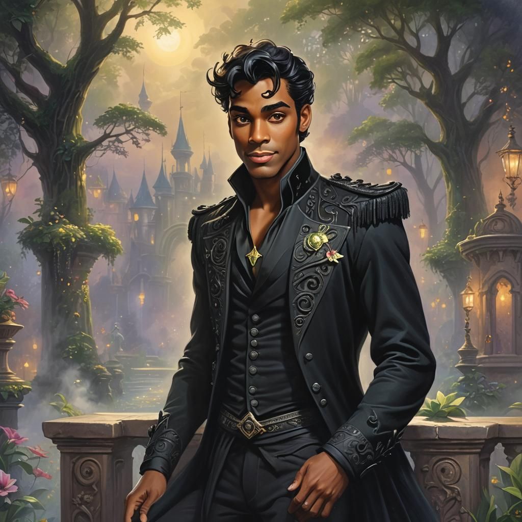 Prince Naveen in Black Clothes, Ethereal Fantasy Style