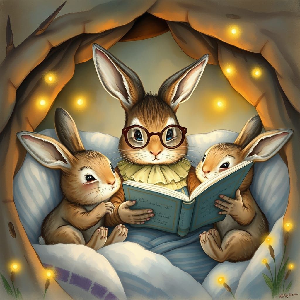Cozy Rabbit Family Reads Together in Whimsical Watercolor Sc...