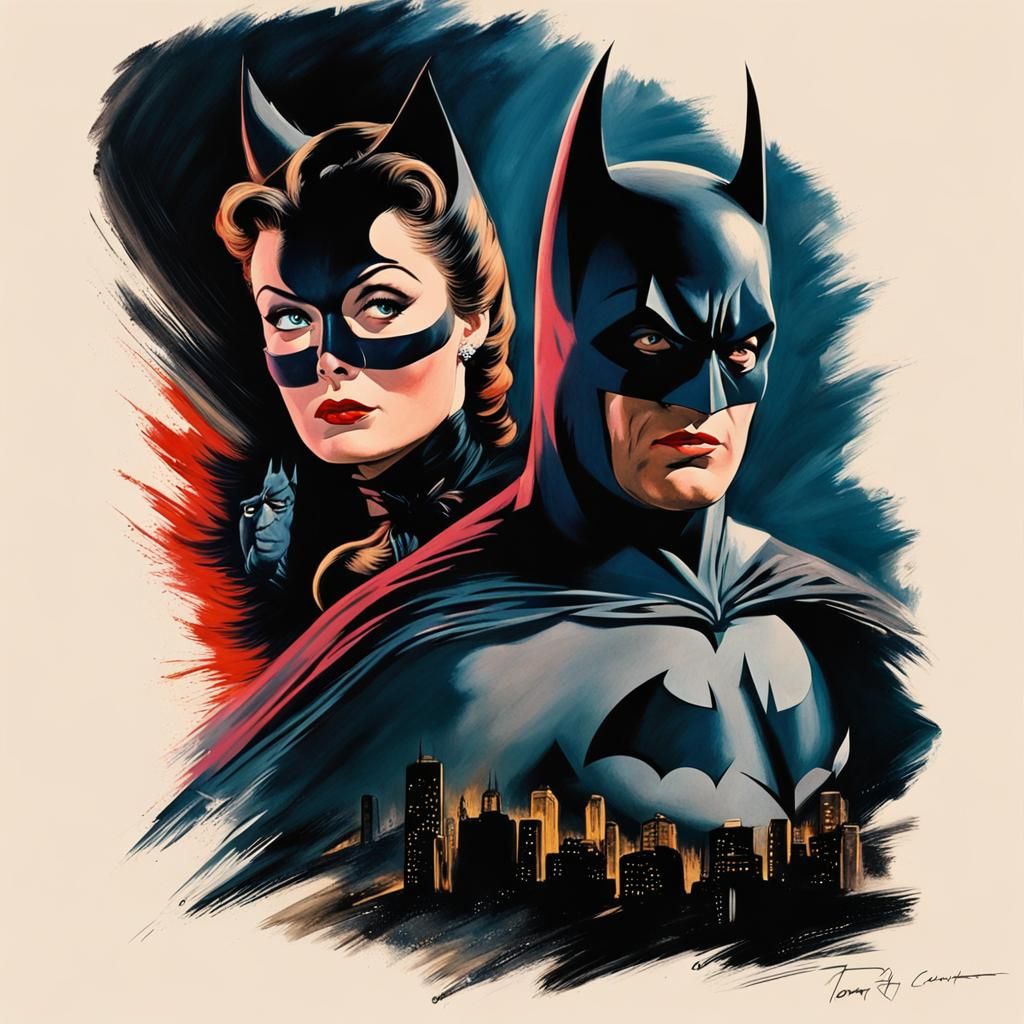 Colour Movie Poster, for "Batman", made in 1950 starring Tony Curtis as Batman and Joan Bennet as Cat woman, dynamic bru...