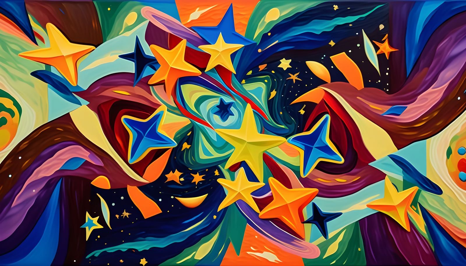 Abstract Impasto Painting with Swirling Colors and Stars