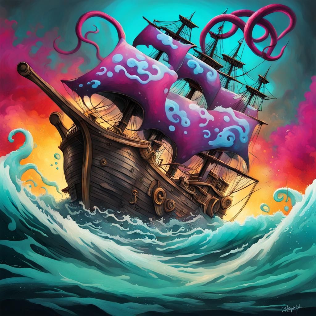 Kraken Attack on Pirate Ship in Graffiti Art Style