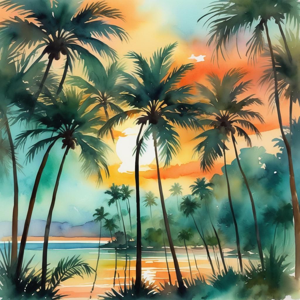 Palm Trees at Sunset: Watercolor Impressionist Painting