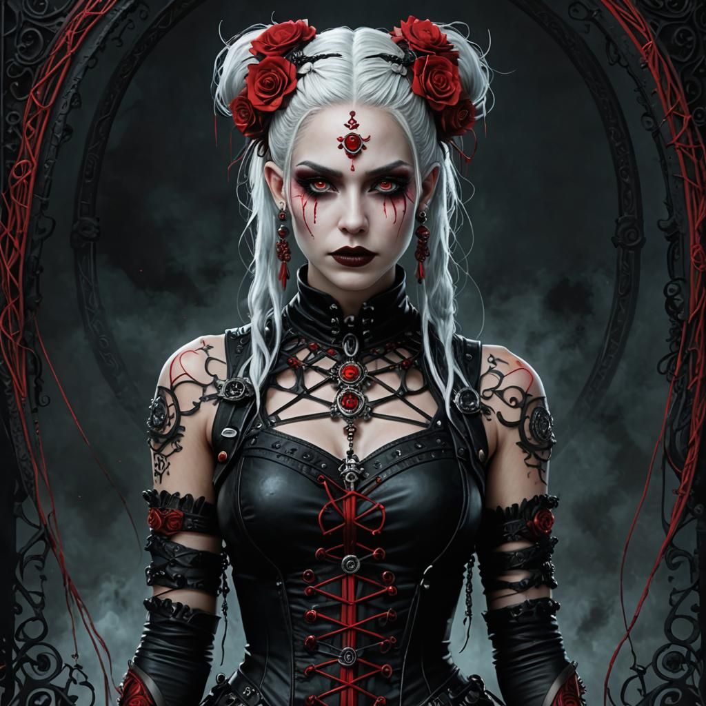 Intricately Adorned Gothic Figure in Cyberpunk Style