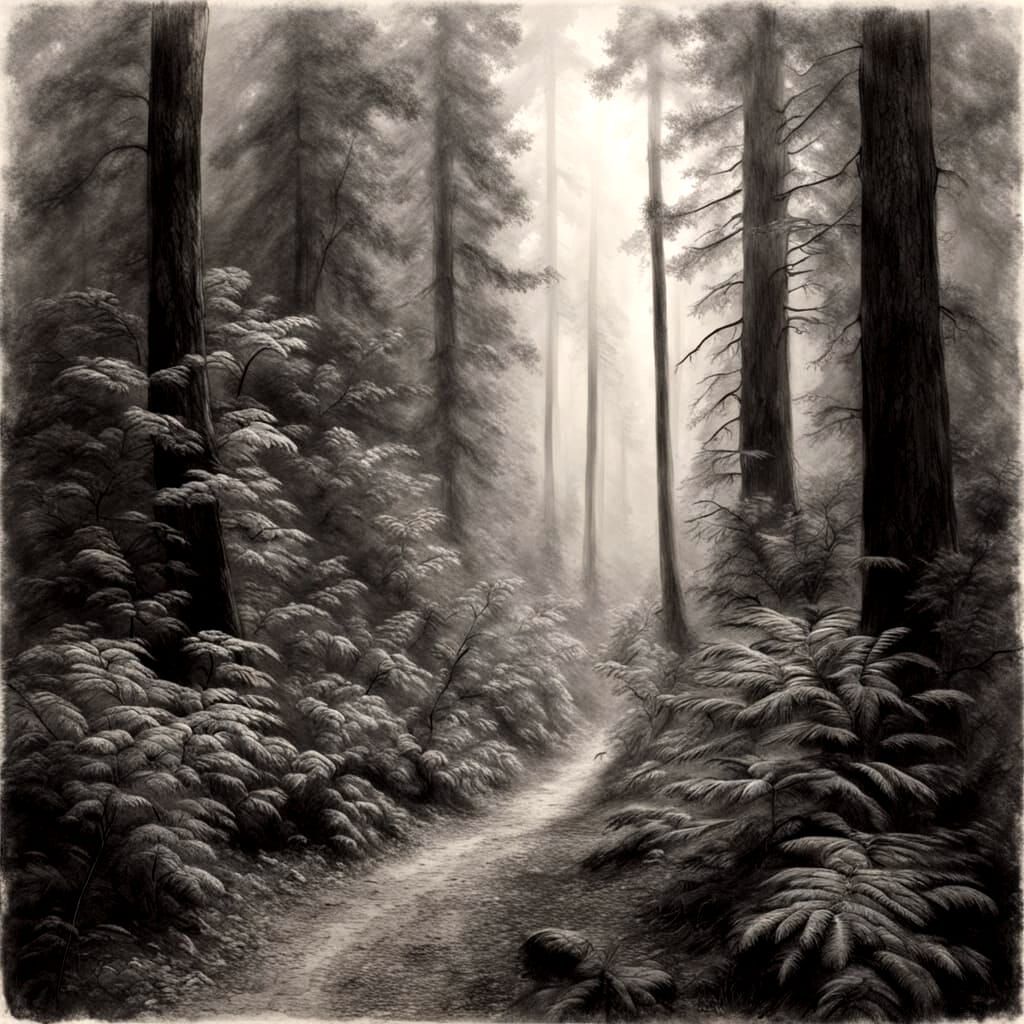 Deep Forest Fog Trail in Charcoal Drawing Style