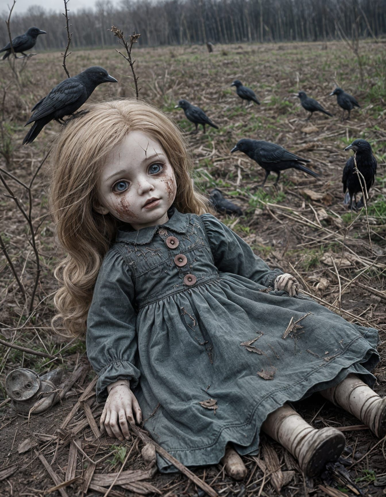 Crows Surround a Forgotten Doll in a Somber, Overcast Landsc...