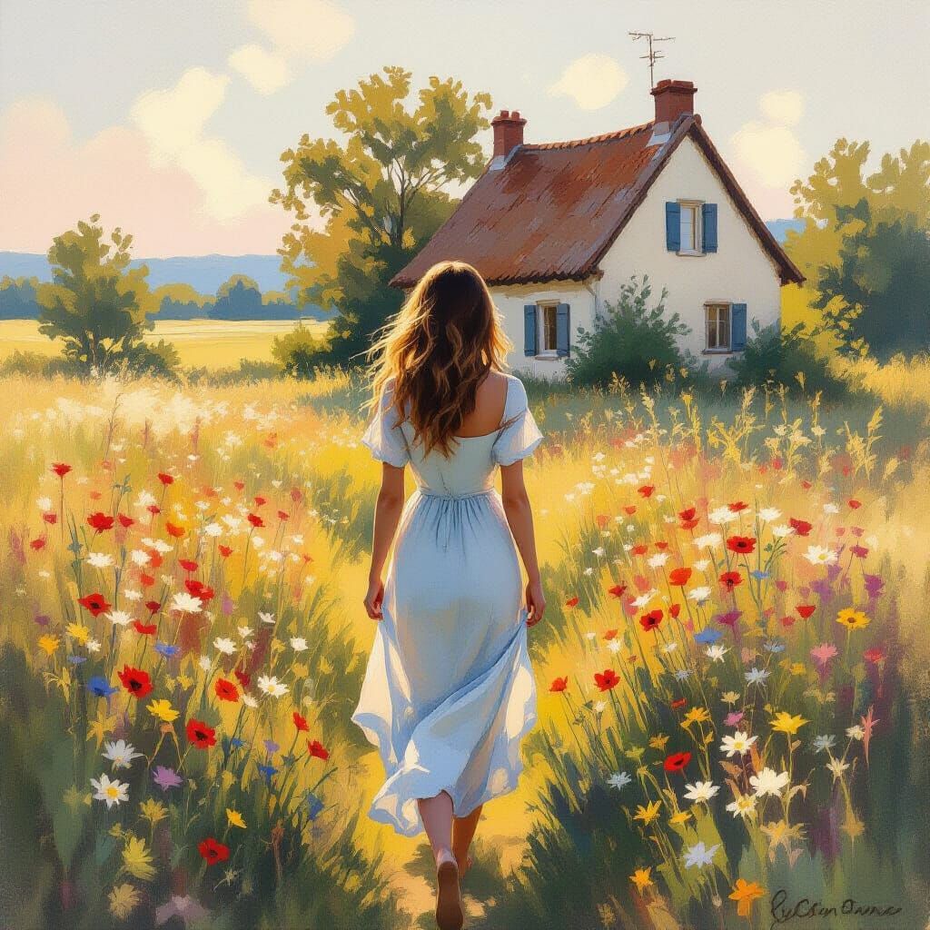 Woman Approaches Cottage in Wildflower Field at Golden Hour