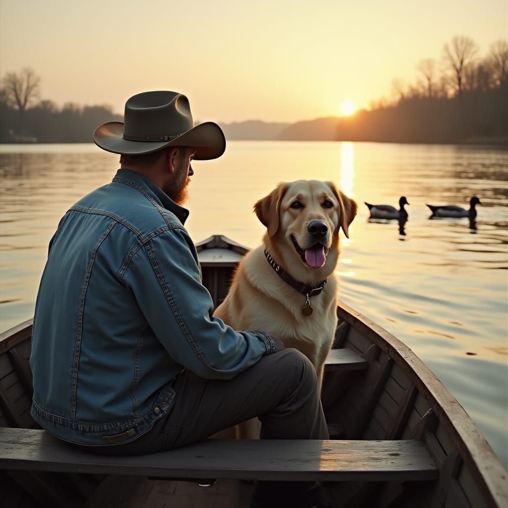 Man and Dog Fishing at Sunset: Photorealistic Style