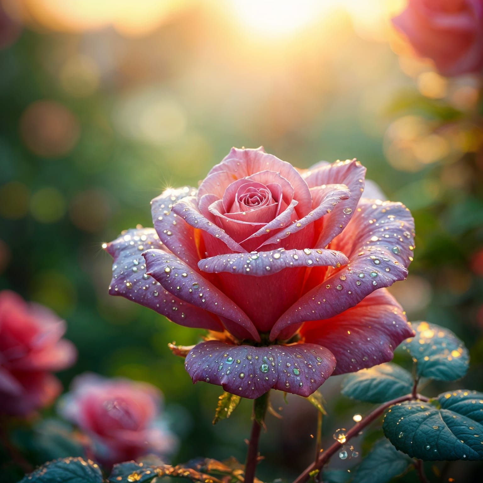 Dew-Kissed Rose in Hyperrealistic 3D Garden