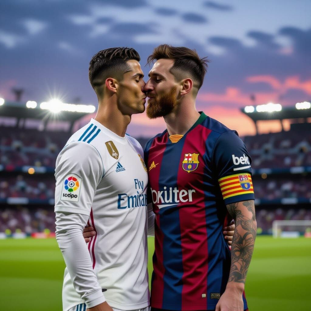 Ronaldo and Messi Embrace in Dramatic Football Stadium