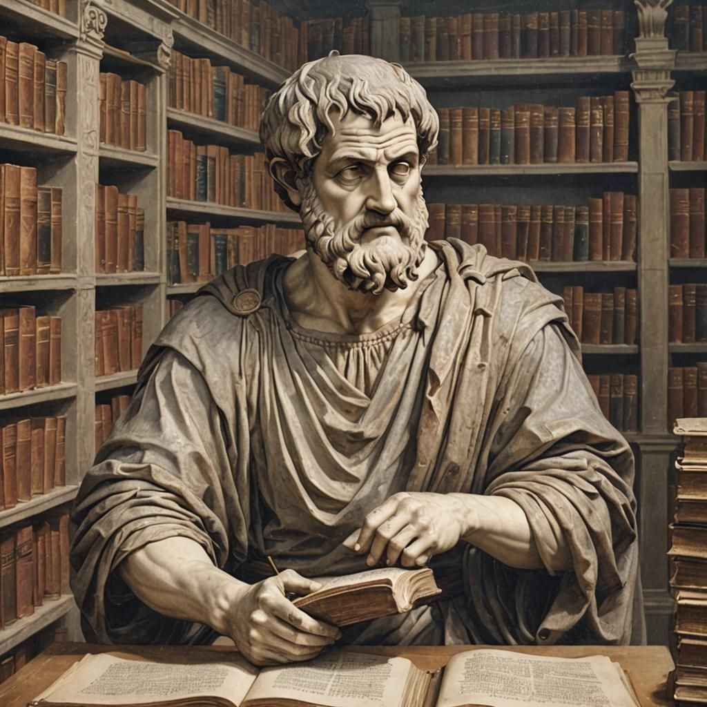 Aristotle, in a classical ancient Greek library full of books, centuries before the printing press was invented!