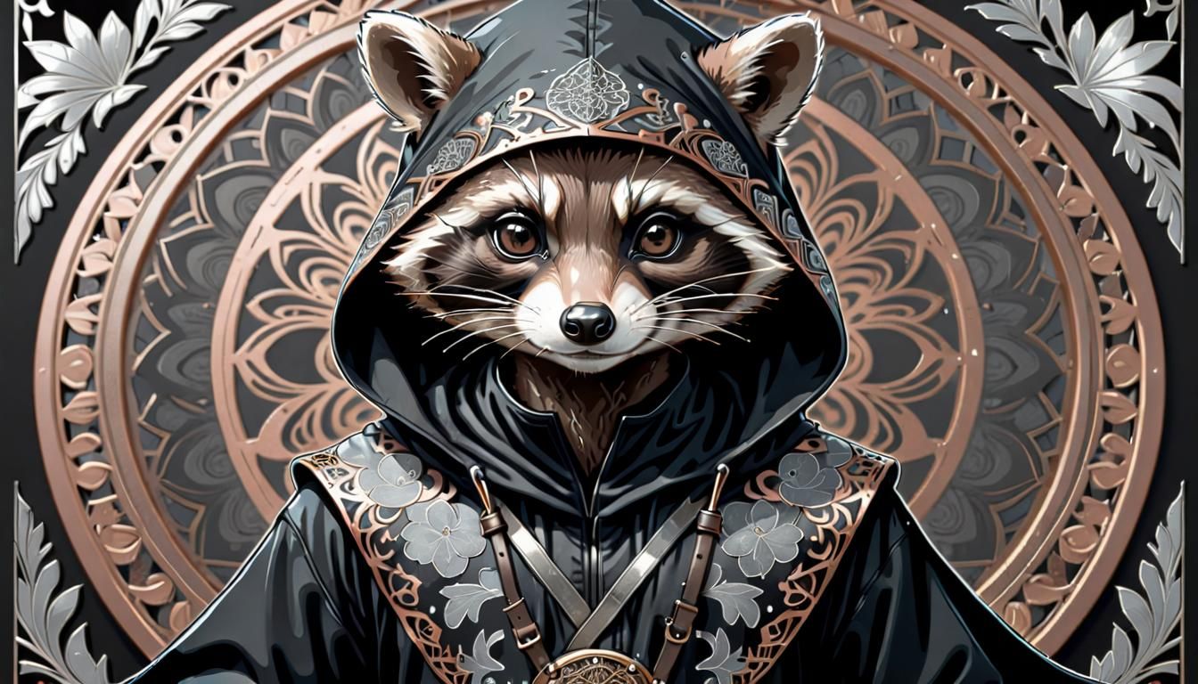 Ninja Raccoon Poster in Art Nouveau Style