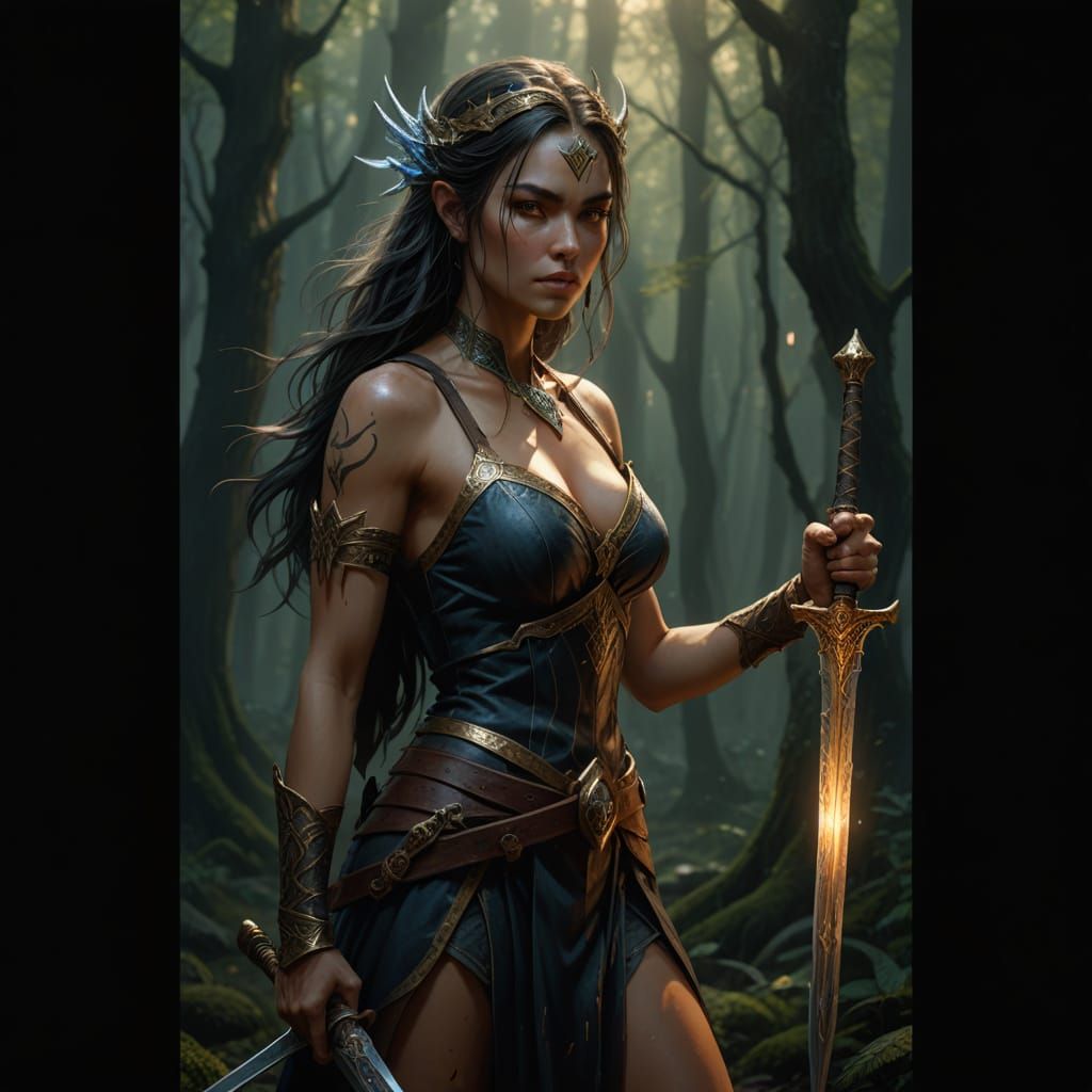 Mystical Sorceress Master Wields Sword in Enchanted Forest