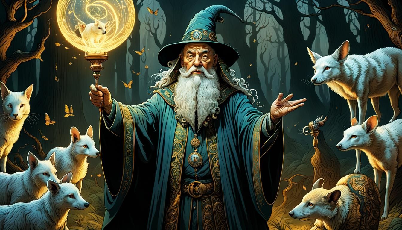 Wizard Conjuring Animals: Golden Age Illustration