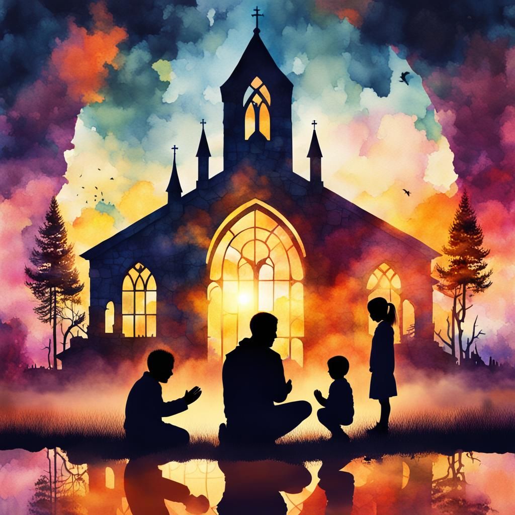 Family Prayer Silhouette in Fantasy Watercolor Style