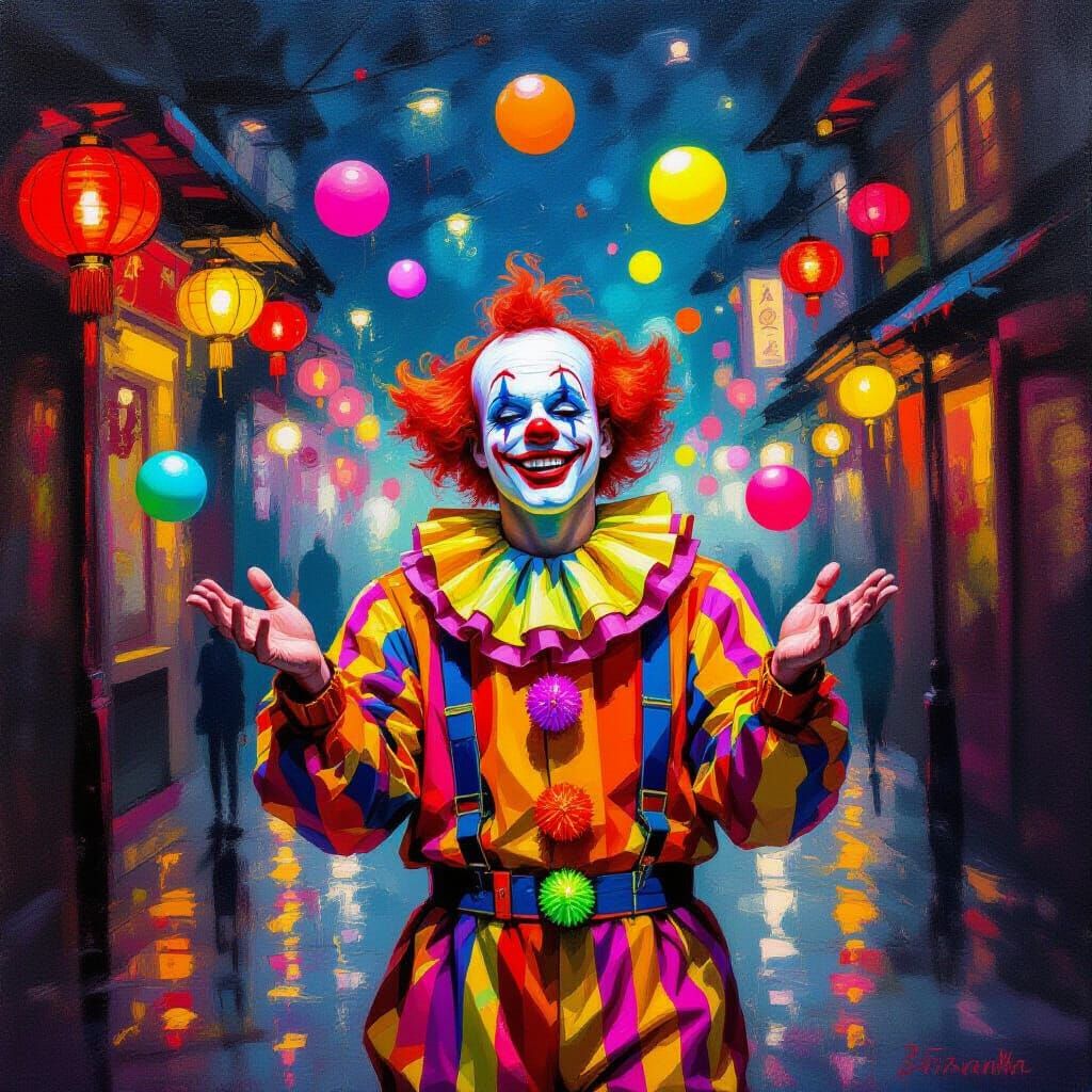 Neon Clown Juggling Luminescent Balls in Dreamy Atmosphere