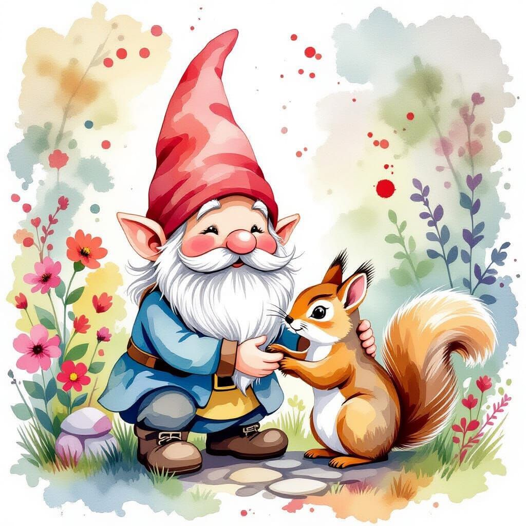 Gnome Petting Squirrel in Garden, Watercolor Splatter Style