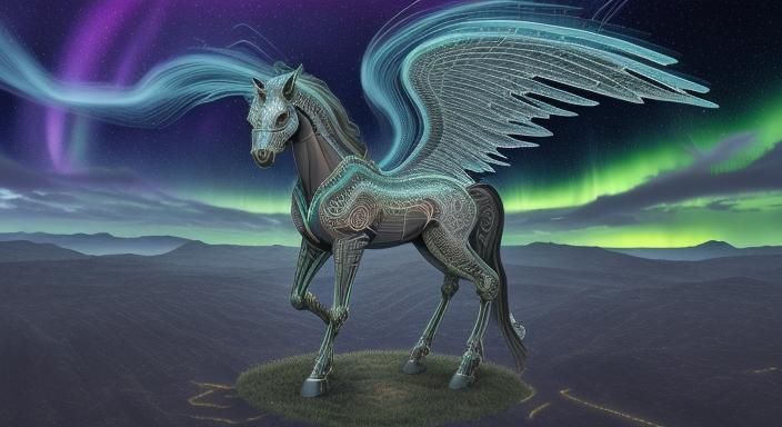 Robotic Pegasus in Dark Fantasy Landscape