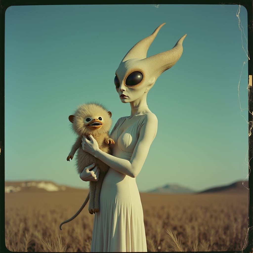 Ethereal Alien Beauty with Pet in Polaroid Style