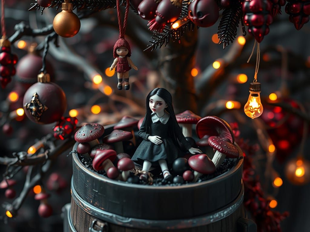 Miniature Wednesday Addams in a Haunting Glass Barrel Scene