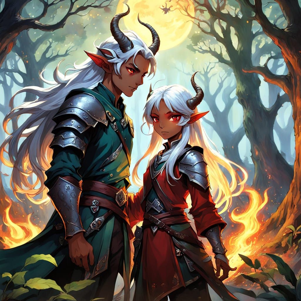 Fantasy Duo Amidst Whimsical Moonlit Forest