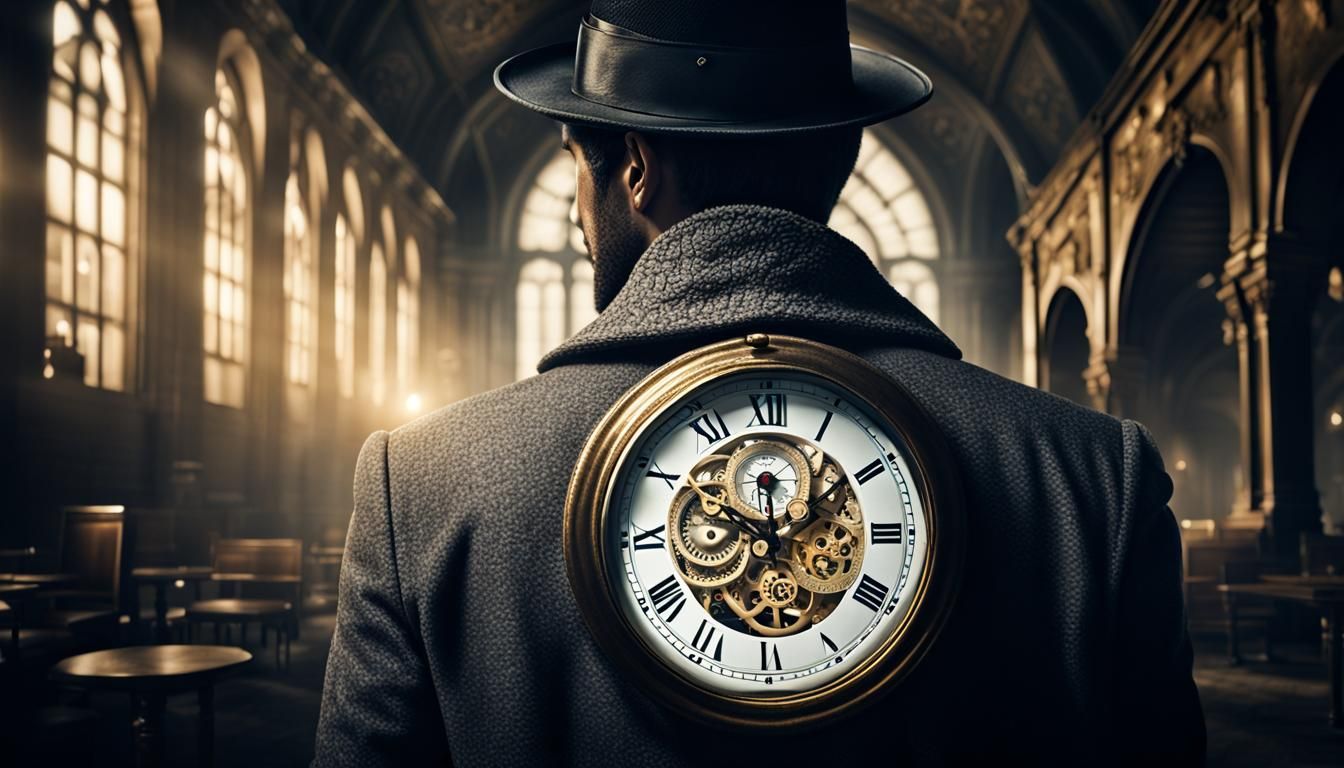 Mysterious Man with Clock: Hyperrealistic Cinematic Portrait