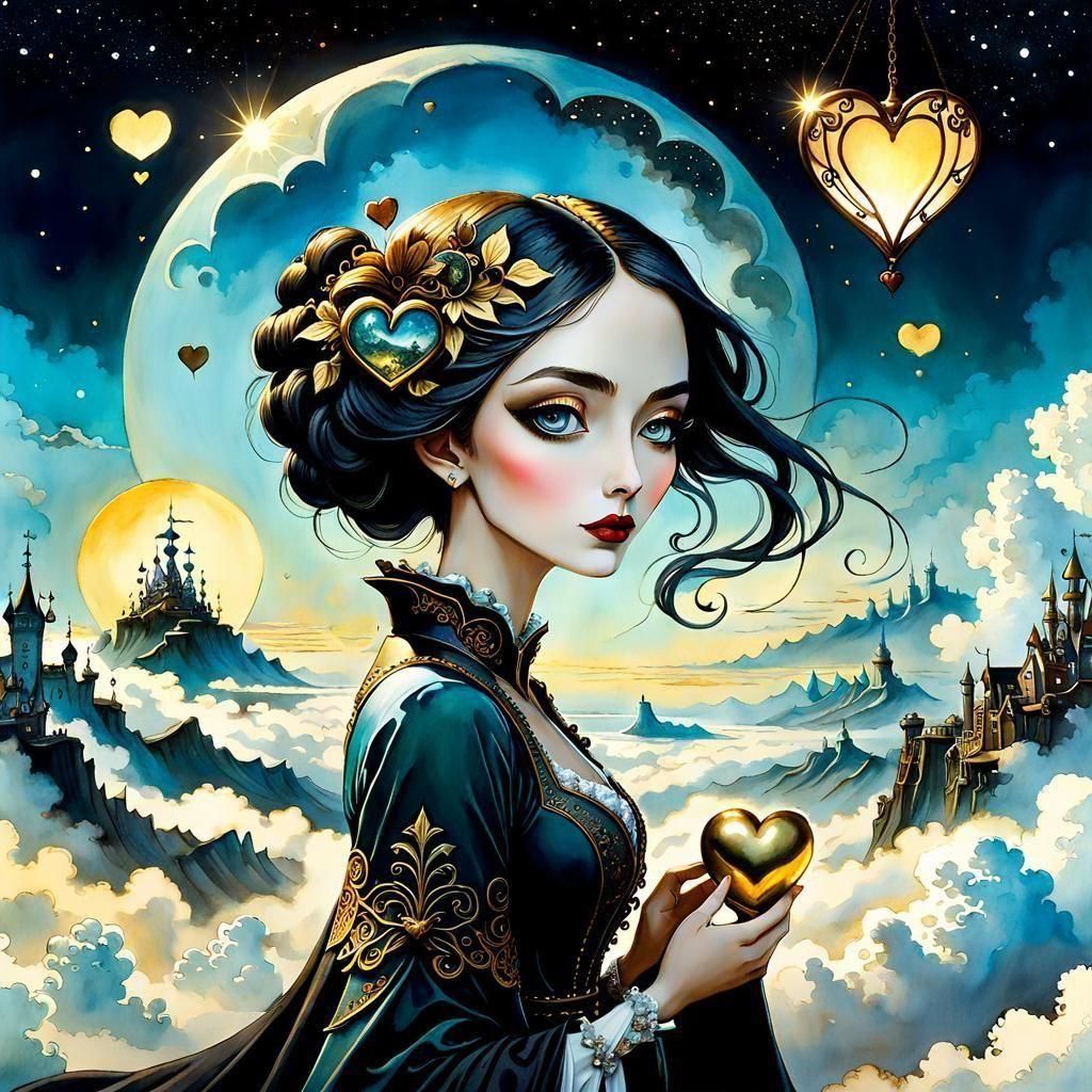 Girl with Heart of Gold: Watercolor Masterpiece